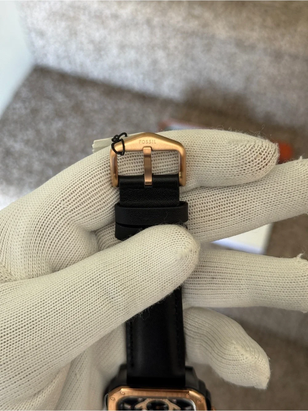 Fossil Black Leather Watch with Rose Gold-Tone Square Case Mens Watch